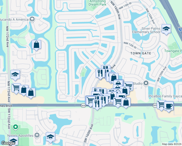 map of restaurants, bars, coffee shops, grocery stores, and more near 672 Northwest 162nd Avenue in Pembroke Pines