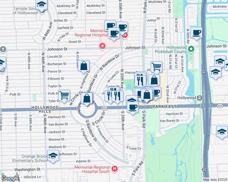 map of restaurants, bars, coffee shops, grocery stores, and more near 3525 Polk Street in Hollywood