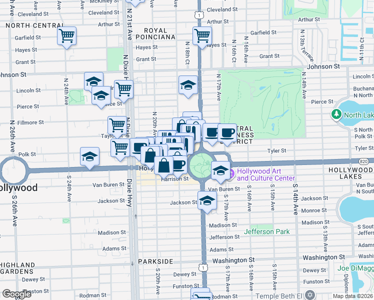 map of restaurants, bars, coffee shops, grocery stores, and more near 1837 Tyler Street in Hollywood