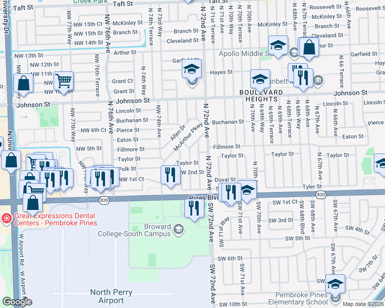 map of restaurants, bars, coffee shops, grocery stores, and more near 410 Northwest 72nd Way in Hollywood