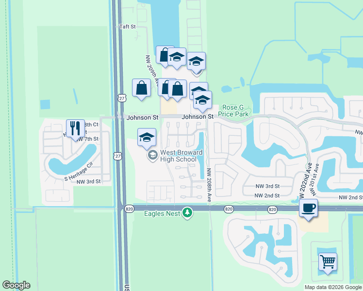 map of restaurants, bars, coffee shops, grocery stores, and more near 602 Northwest 208th Terrace in Pembroke Pines