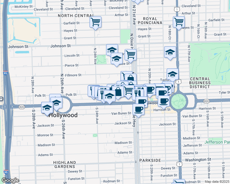 map of restaurants, bars, coffee shops, grocery stores, and more near 2235 Polk Street in Hollywood