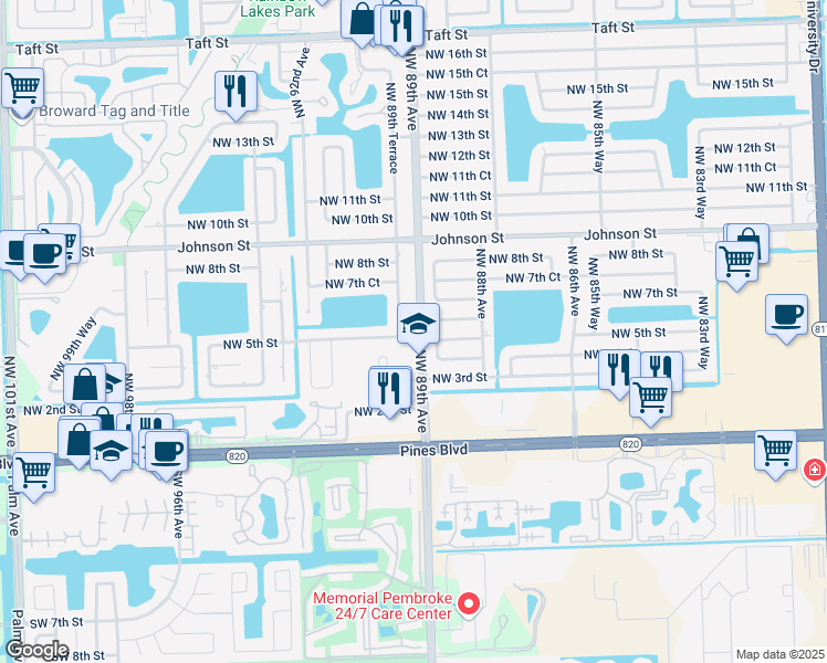 map of restaurants, bars, coffee shops, grocery stores, and more near 510 Northwest 89th Terrace in Pembroke Pines