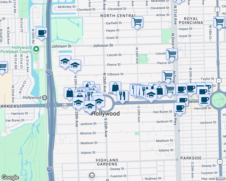 map of restaurants, bars, coffee shops, grocery stores, and more near 2543 Polk Street in Hollywood