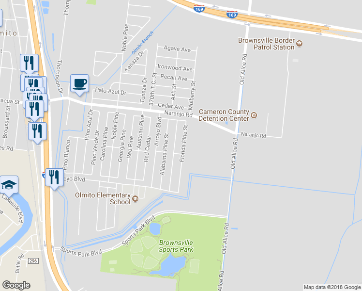 map of restaurants, bars, coffee shops, grocery stores, and more near 7480 Florida Pine Street in Brownsville