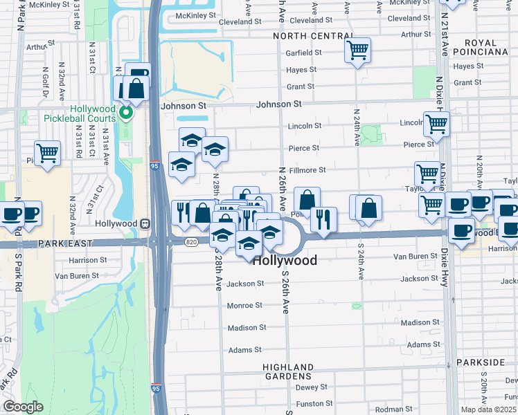 map of restaurants, bars, coffee shops, grocery stores, and more near 2700 Taylor Street in Hollywood