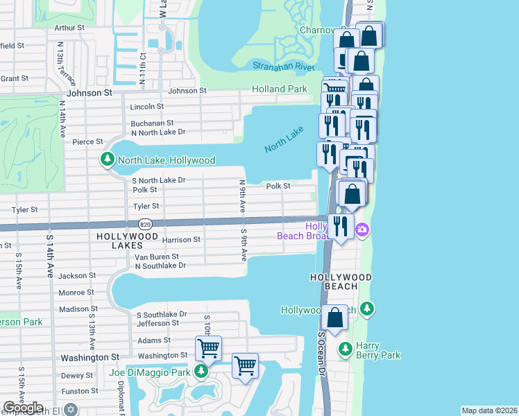 map of restaurants, bars, coffee shops, grocery stores, and more near 852 Tyler Street in Hollywood