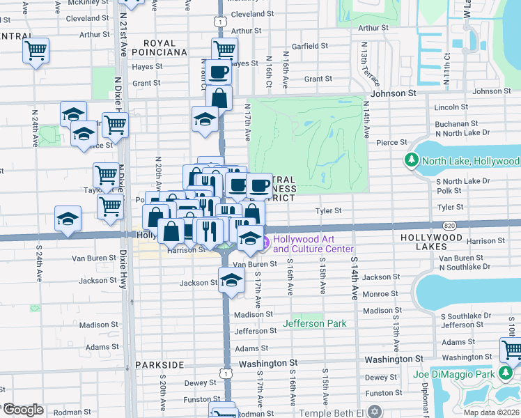 map of restaurants, bars, coffee shops, grocery stores, and more near 1641 Tyler Street in Hollywood