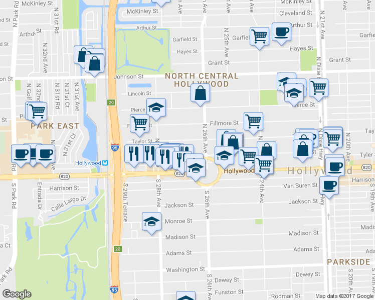 map of restaurants, bars, coffee shops, grocery stores, and more near 2700 Taylor Street in Hollywood