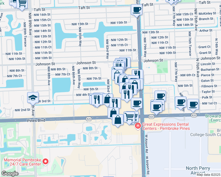 map of restaurants, bars, coffee shops, grocery stores, and more near 8341 Northwest 5th Street in Pembroke Pines