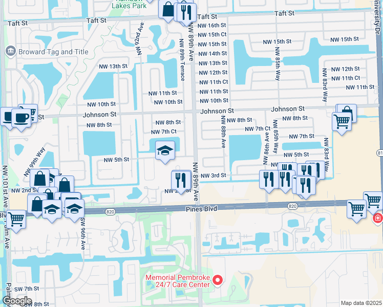 map of restaurants, bars, coffee shops, grocery stores, and more near 510 Northwest 89th Terrace in Pembroke Pines