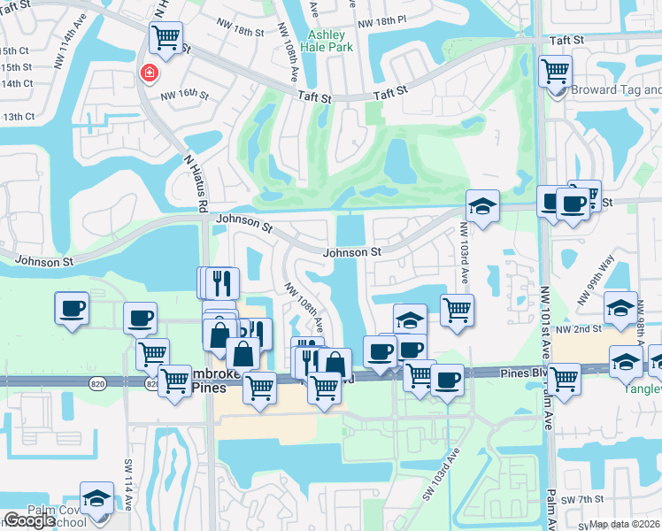 map of restaurants, bars, coffee shops, grocery stores, and more near 10639 Northwest 7th Street in Pembroke Pines