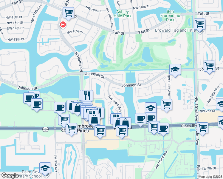 map of restaurants, bars, coffee shops, grocery stores, and more near 10698 Northwest 107th Avenue in Pembroke Pines