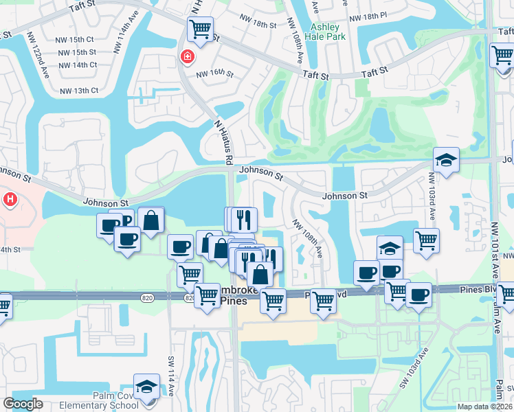 map of restaurants, bars, coffee shops, grocery stores, and more near 393 Northwest 108th Terrace in Pembroke Pines
