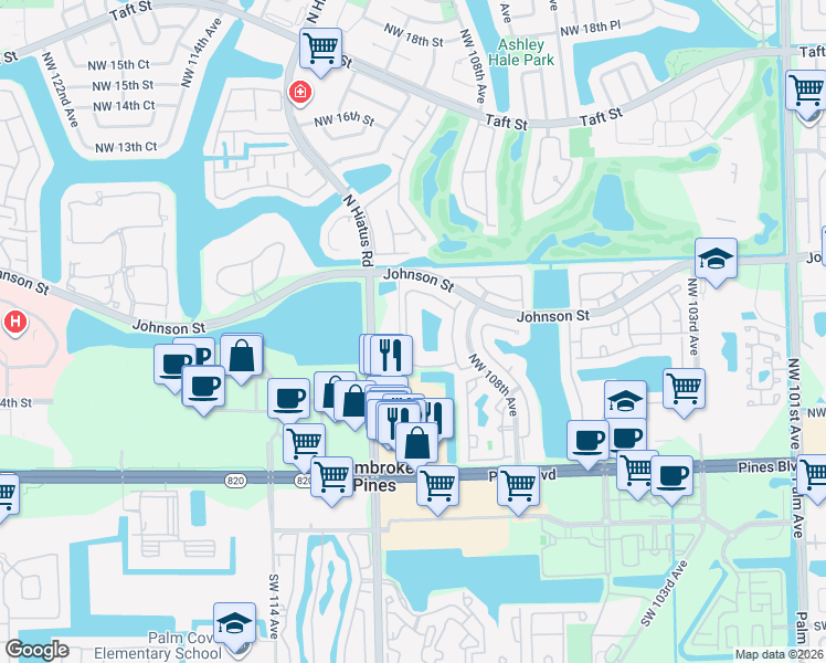 map of restaurants, bars, coffee shops, grocery stores, and more near 393 Northwest 108th Terrace in Pembroke Pines