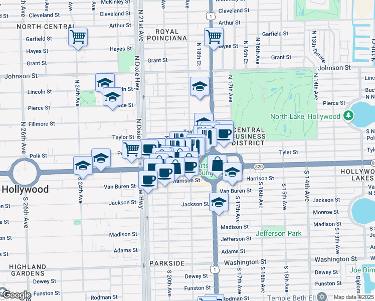 map of restaurants, bars, coffee shops, grocery stores, and more near 1892 Polk Street in Hollywood