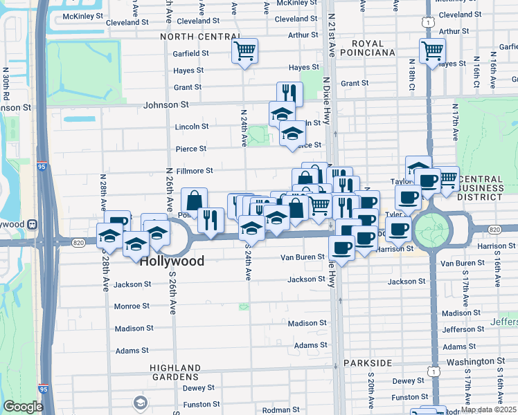 map of restaurants, bars, coffee shops, grocery stores, and more near 2325 Polk Street in Hollywood