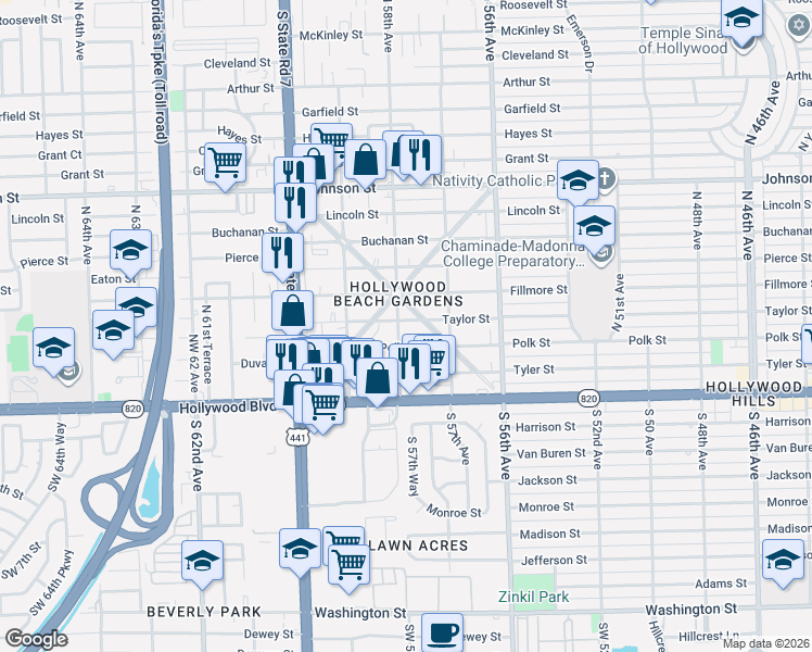 map of restaurants, bars, coffee shops, grocery stores, and more near 5740 Taylor Street in Hollywood
