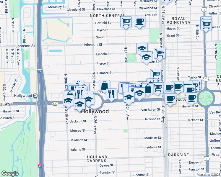 map of restaurants, bars, coffee shops, grocery stores, and more near 2461 Polk Street in Hollywood
