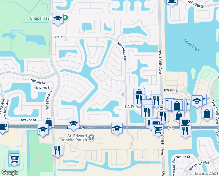 map of restaurants, bars, coffee shops, grocery stores, and more near 1041 Northwest 189th Avenue in Pembroke Pines
