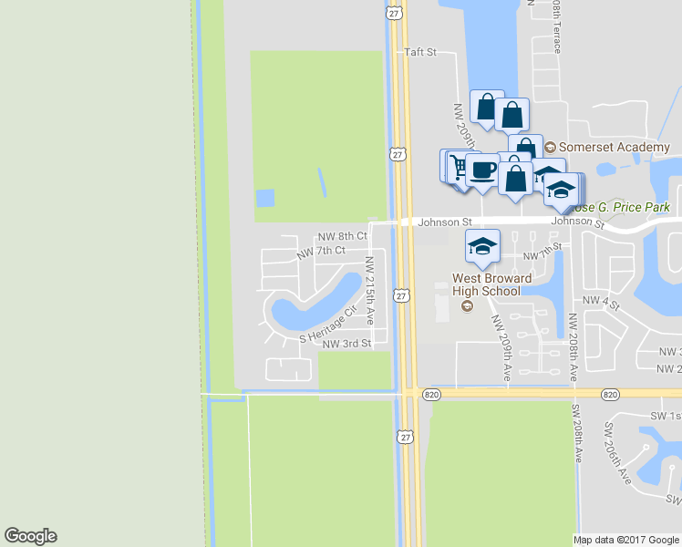 map of restaurants, bars, coffee shops, grocery stores, and more near 21630 North Heritage Circle in Pembroke Pines