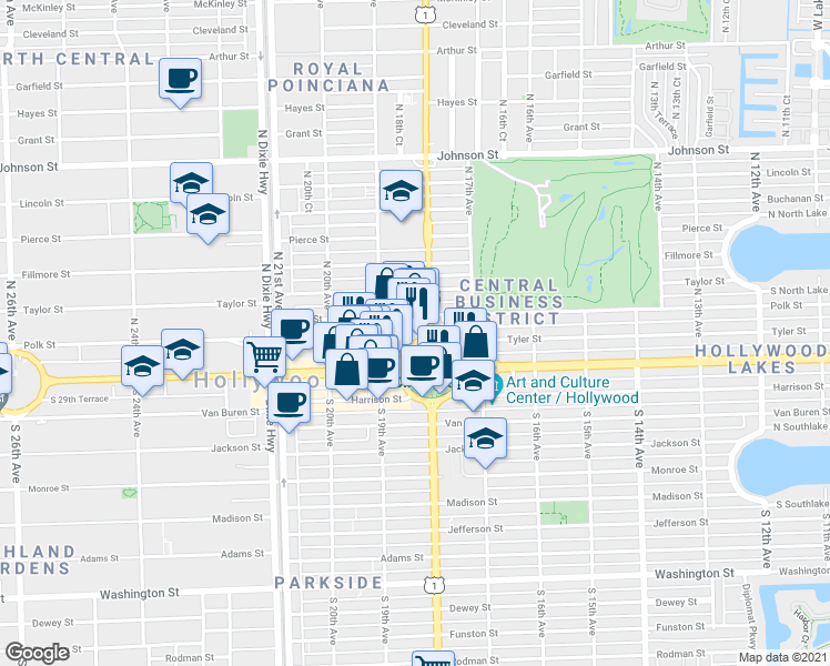 map of restaurants, bars, coffee shops, grocery stores, and more near 1807 North Young Circle in Hollywood