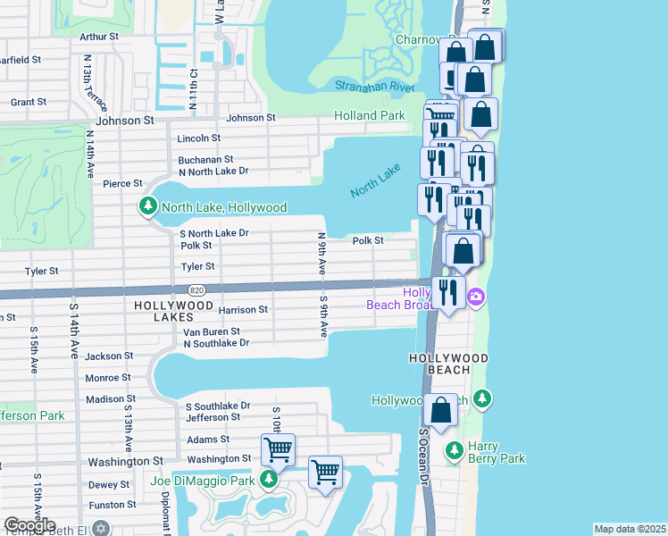 map of restaurants, bars, coffee shops, grocery stores, and more near 852 Tyler Street in Hollywood