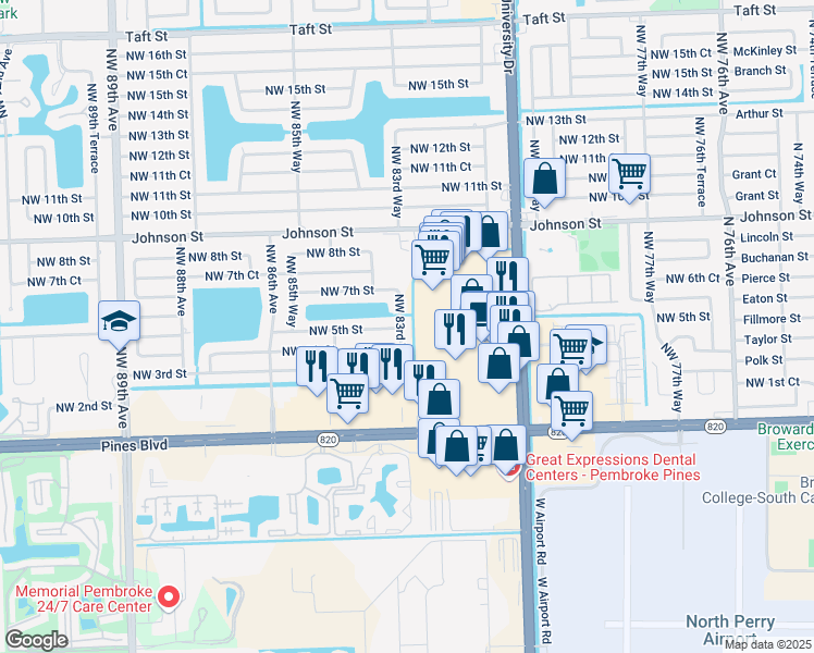 map of restaurants, bars, coffee shops, grocery stores, and more near 8341 Northwest 5th Street in Pembroke Pines