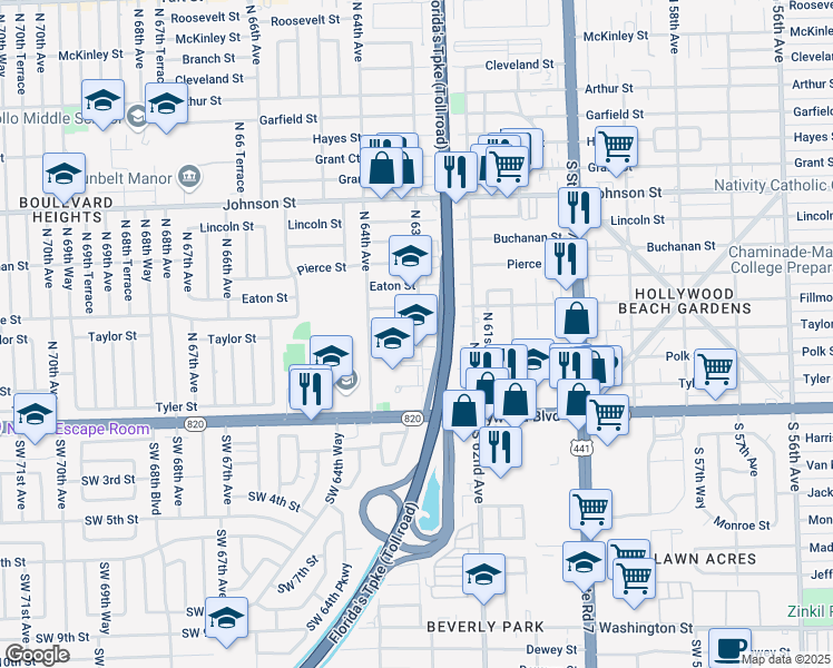 map of restaurants, bars, coffee shops, grocery stores, and more near 6300 Taylor St in Hollywood