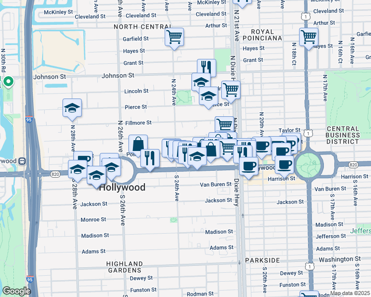 map of restaurants, bars, coffee shops, grocery stores, and more near 2325 Polk Street in Hollywood