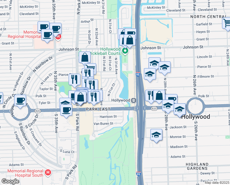 map of restaurants, bars, coffee shops, grocery stores, and more near 202 North 31st Avenue in Hollywood