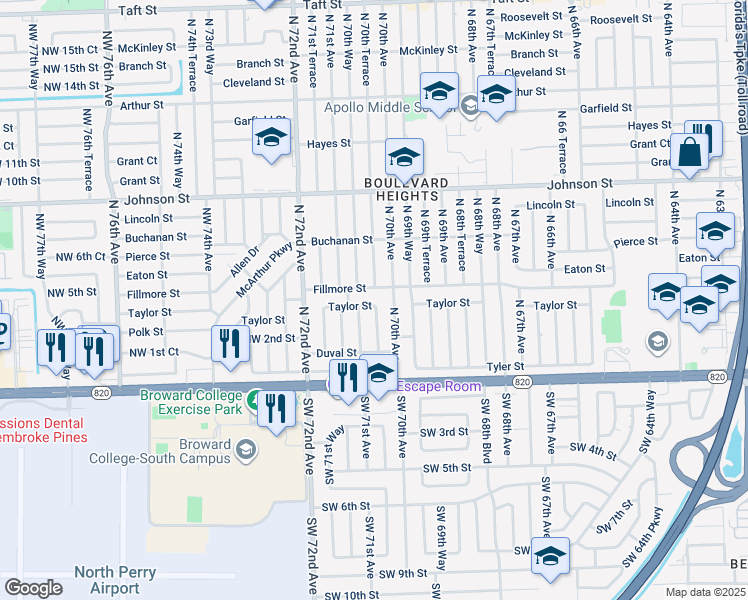 map of restaurants, bars, coffee shops, grocery stores, and more near 7040 Fillmore Street in Hollywood