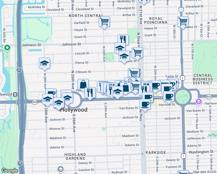 map of restaurants, bars, coffee shops, grocery stores, and more near 2325 Polk Street in Hollywood