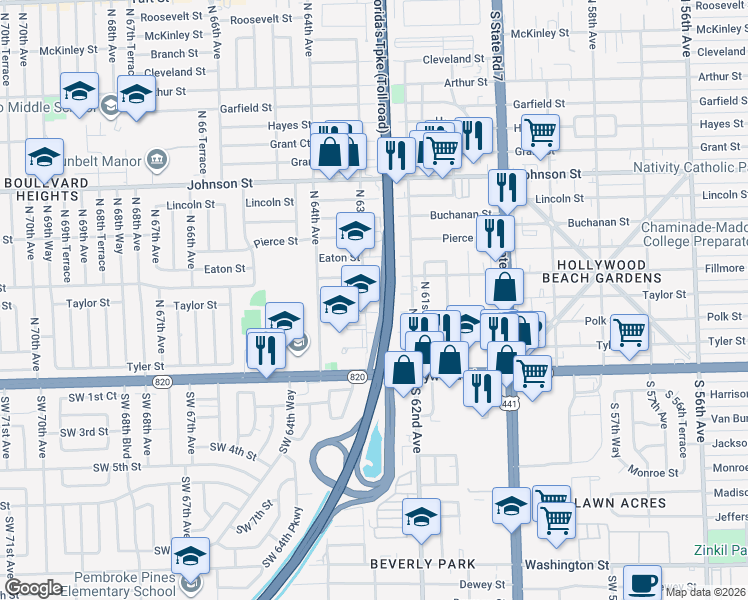 map of restaurants, bars, coffee shops, grocery stores, and more near 6300 Taylor Street in Hollywood