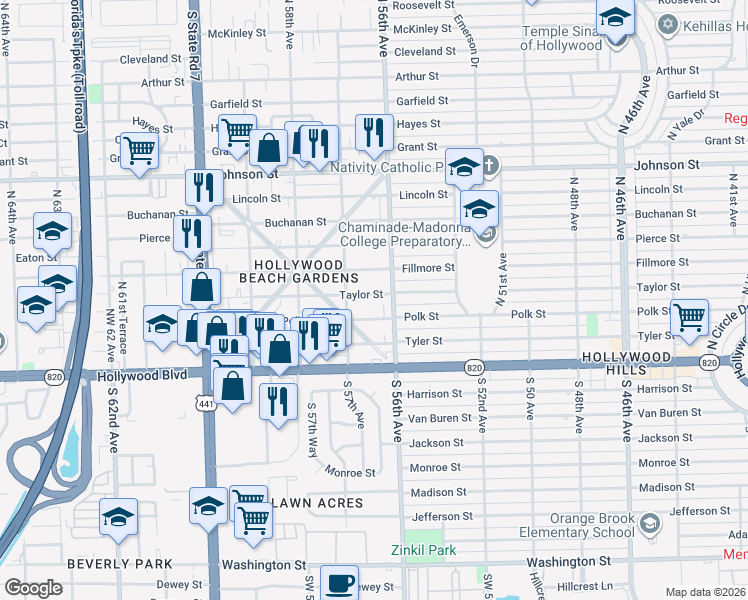 map of restaurants, bars, coffee shops, grocery stores, and more near 5614 Taylor Street in Hollywood