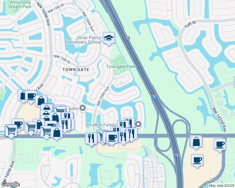map of restaurants, bars, coffee shops, grocery stores, and more near 15279 Northwest 7th Street in Pembroke Pines