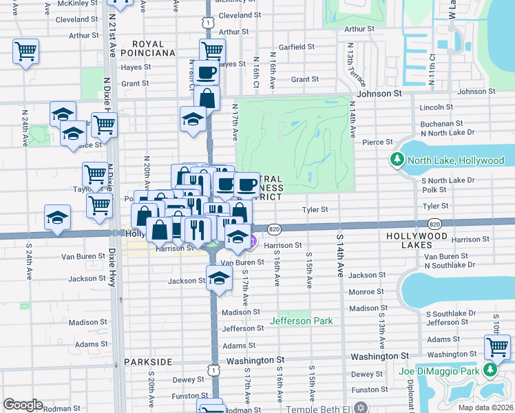 map of restaurants, bars, coffee shops, grocery stores, and more near 1641 Tyler Street in Hollywood