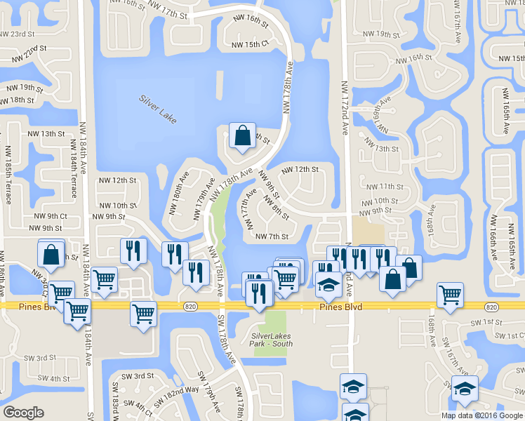 map of restaurants, bars, coffee shops, grocery stores, and more near 17525 Northwest 7th Court in Pembroke Pines