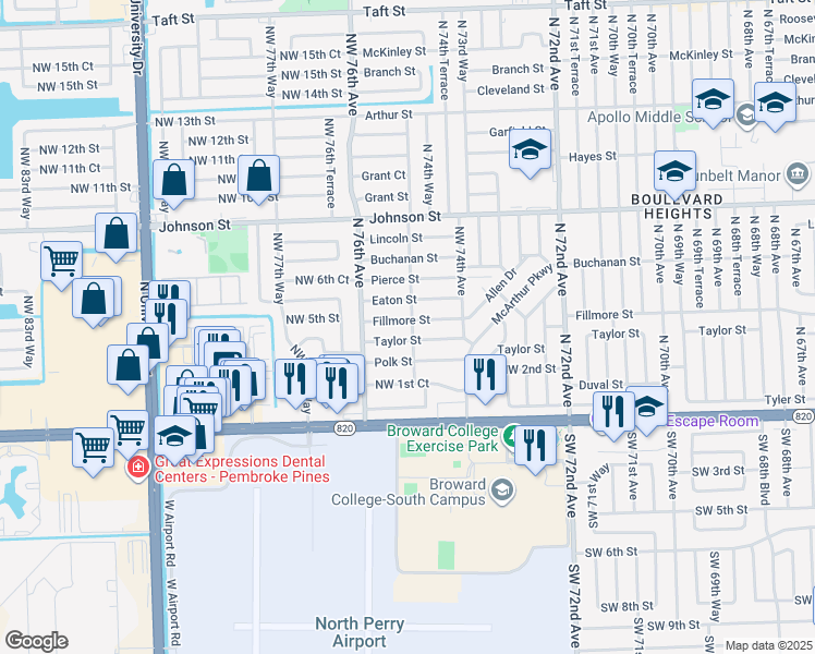 map of restaurants, bars, coffee shops, grocery stores, and more near 7500 Fillmore Street in Hollywood