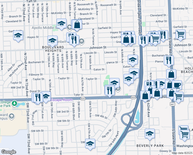 map of restaurants, bars, coffee shops, grocery stores, and more near 6541 Taylor Street in Hollywood