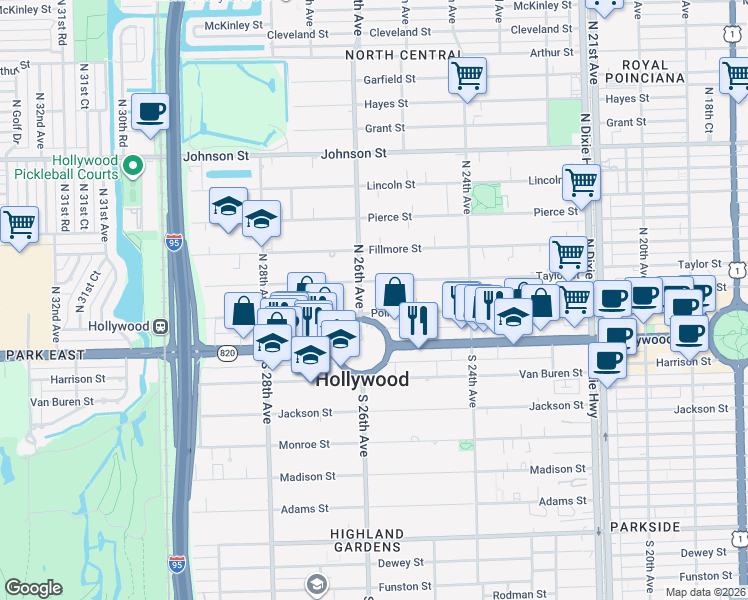 map of restaurants, bars, coffee shops, grocery stores, and more near 2543 Polk Street in Hollywood