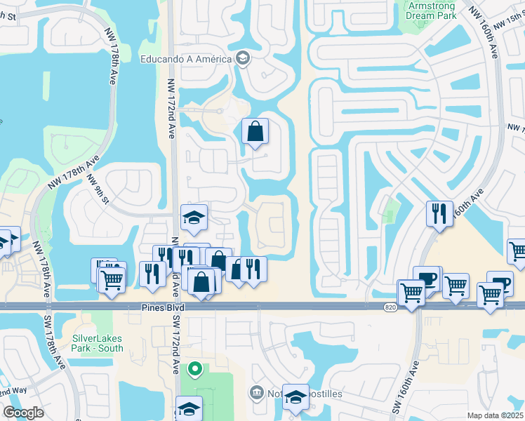 map of restaurants, bars, coffee shops, grocery stores, and more near 995 Northwest 168th Avenue in Pembroke Pines