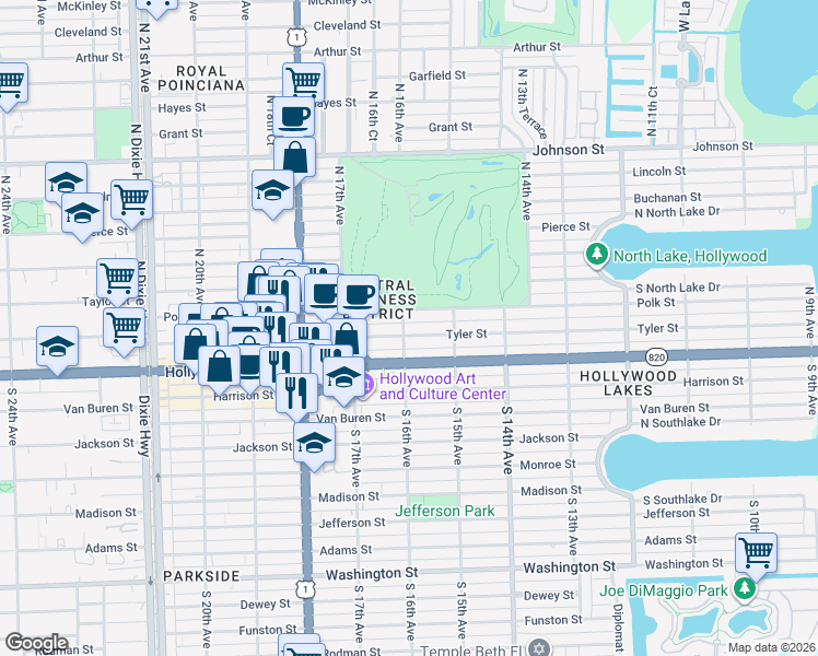map of restaurants, bars, coffee shops, grocery stores, and more near 9 North 16th Avenue in Hollywood