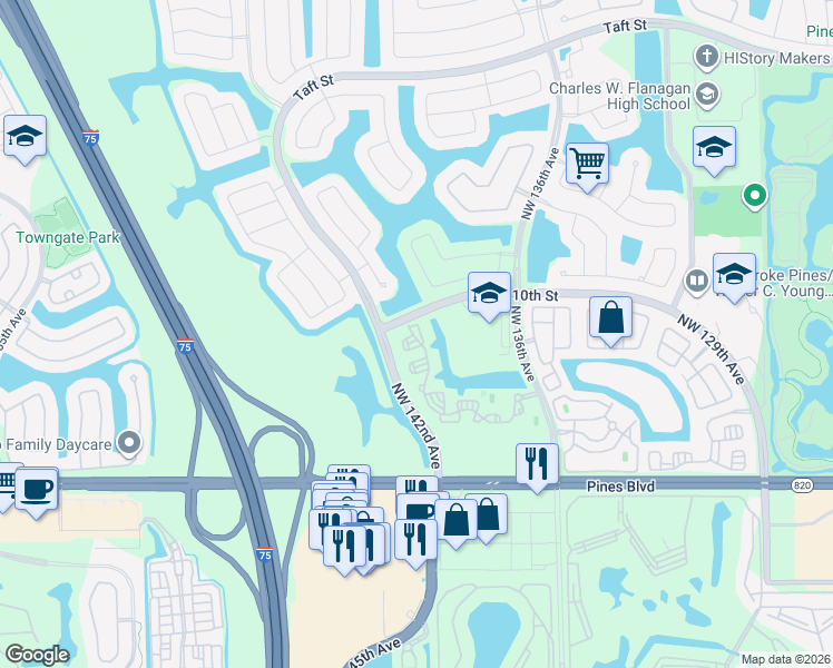 map of restaurants, bars, coffee shops, grocery stores, and more near 921 Northwest 141st Avenue in Pembroke Pines