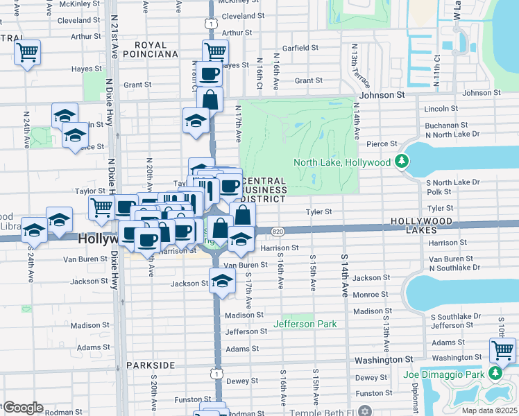 map of restaurants, bars, coffee shops, grocery stores, and more near 1641 Tyler Street in Hollywood