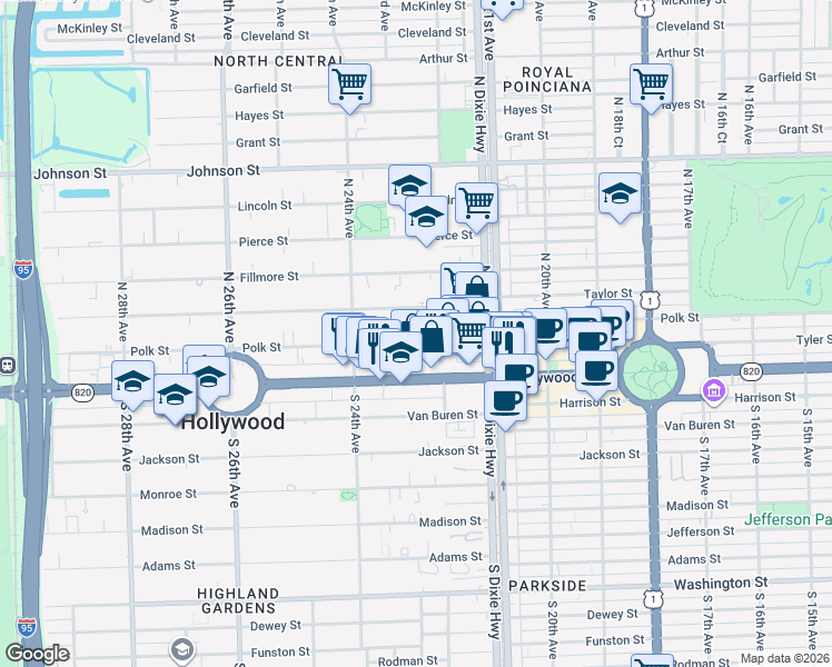 map of restaurants, bars, coffee shops, grocery stores, and more near 2235 Polk Street in Hollywood