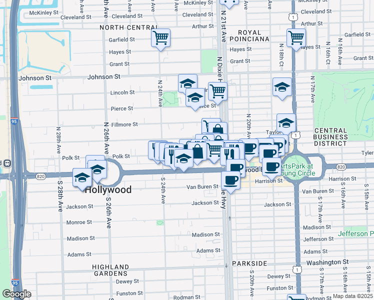 map of restaurants, bars, coffee shops, grocery stores, and more near 2235 Polk Street in Hollywood
