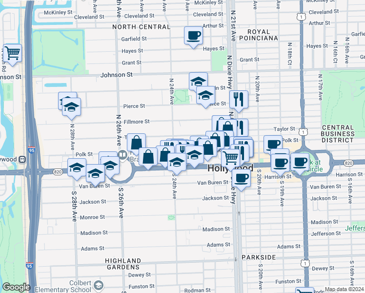 map of restaurants, bars, coffee shops, grocery stores, and more near 2325 Polk Street in Hollywood
