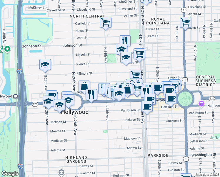 map of restaurants, bars, coffee shops, grocery stores, and more near 2325 Polk Street in Hollywood