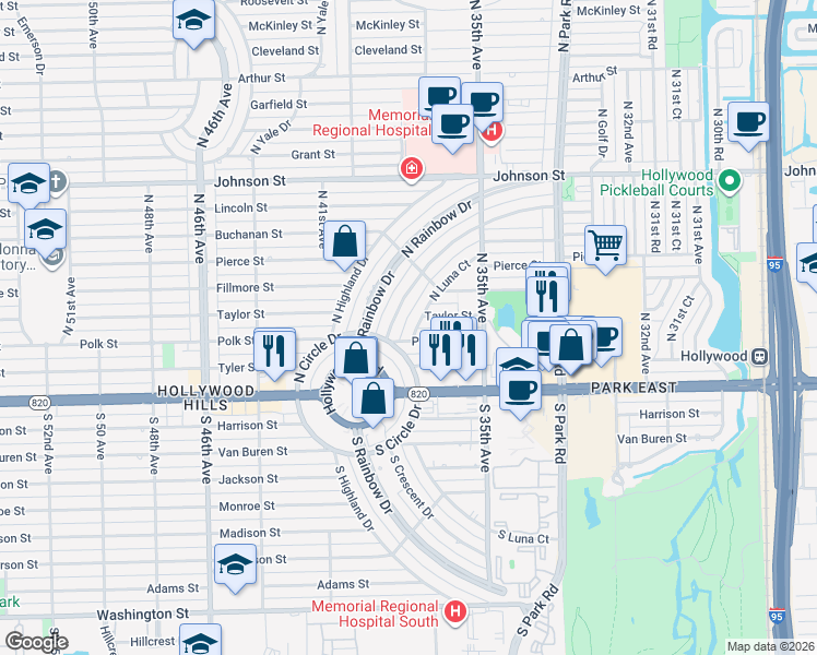 map of restaurants, bars, coffee shops, grocery stores, and more near 3700 Taylor Street in Hollywood
